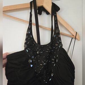 Sangria Black Beaded Stretch Halter Maxi Gown